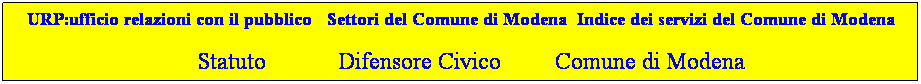 Casella di testo: URP:ufficio relazioni con il pubblico   Settori del Comune di Modena  Indice dei servizi del Comune di Modena
    Statuto            Difensore Civico         Comune di Modena
 
